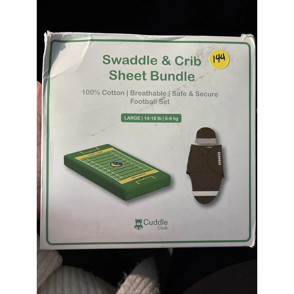 New Cuddle Club Swaddle & Crib Sheet Football Set Size Large 3-6 Mos Gift $40